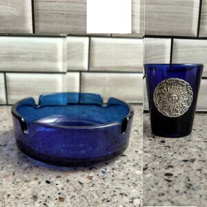 DUO: Cobalt Blue Glass Ashtray & Shot Glass Pewter Sun Medallion